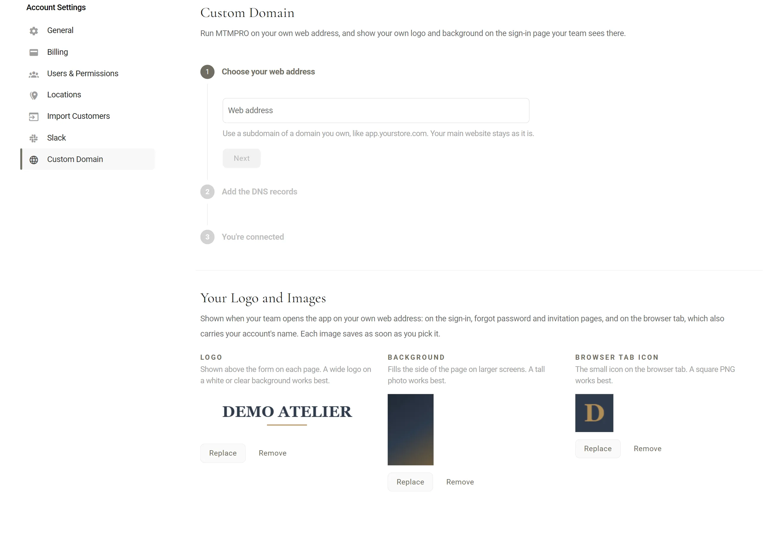 The Account settings page with Custom Domain picked in the left menu. The tab shows a three step setup, starting at Choose your web address, and a Your Logo and Images section underneath.