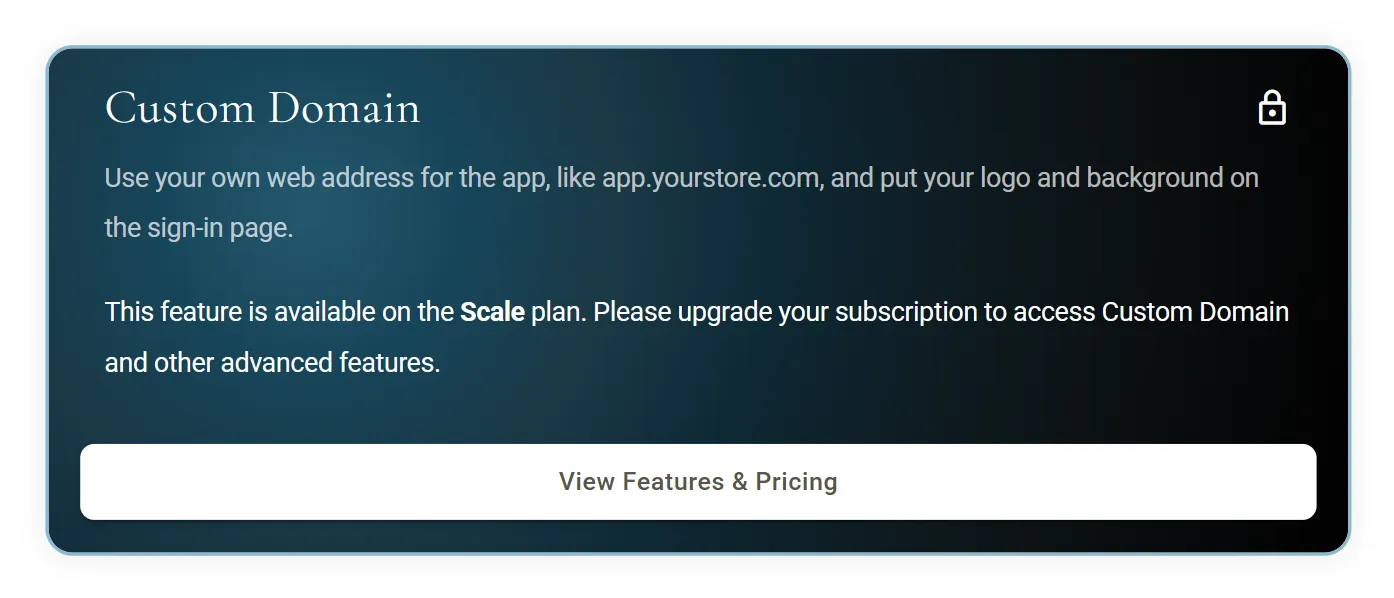 The Custom Domain tab on a plan that does not include it. A dark banner headed Custom Domain with a padlock reads This feature is available on the Scale plan, with a View Features and Pricing button, above the greyed out setup steps.