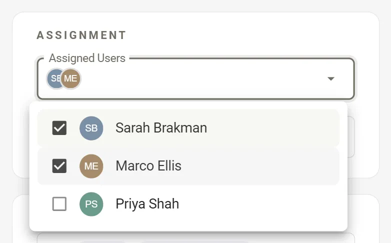The Assignment card with the Assigned Users list open. Sarah Brakman and Marco Ellis are ticked, each with a round photo, and Priya Shah is not. The field above shows the two photos side by side.
