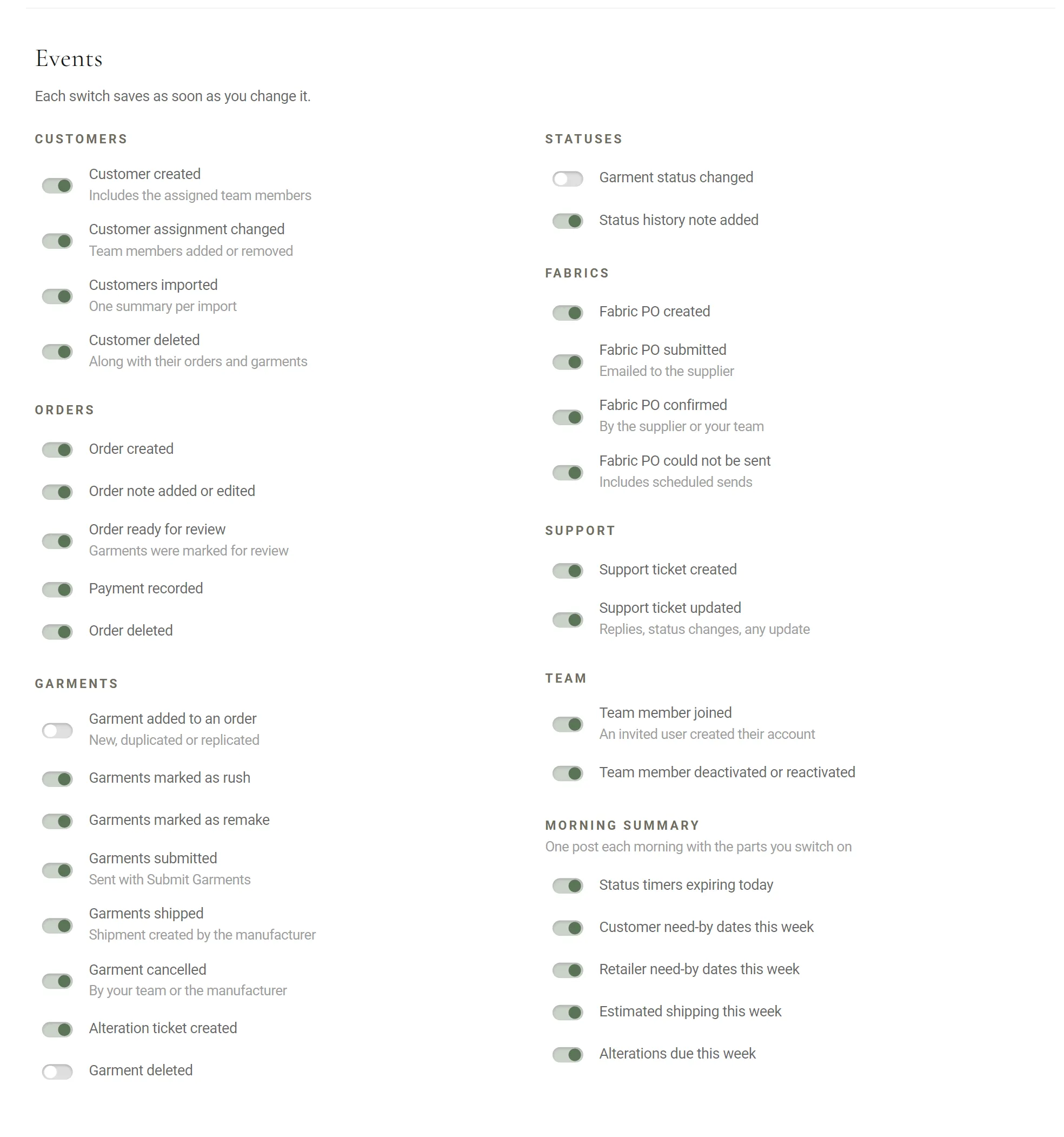 The Events list in two columns of switches. Customers, Orders and Garments on the left; Statuses, Fabrics, Support, Team and Morning summary on the right. Garment added to an order, Garment deleted and Garment status changed are off; the rest are on.