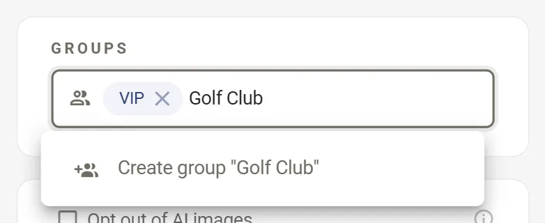 The Groups field with a VIP chip already in it and Golf Club typed after it. The list below offers Create group Golf Club.