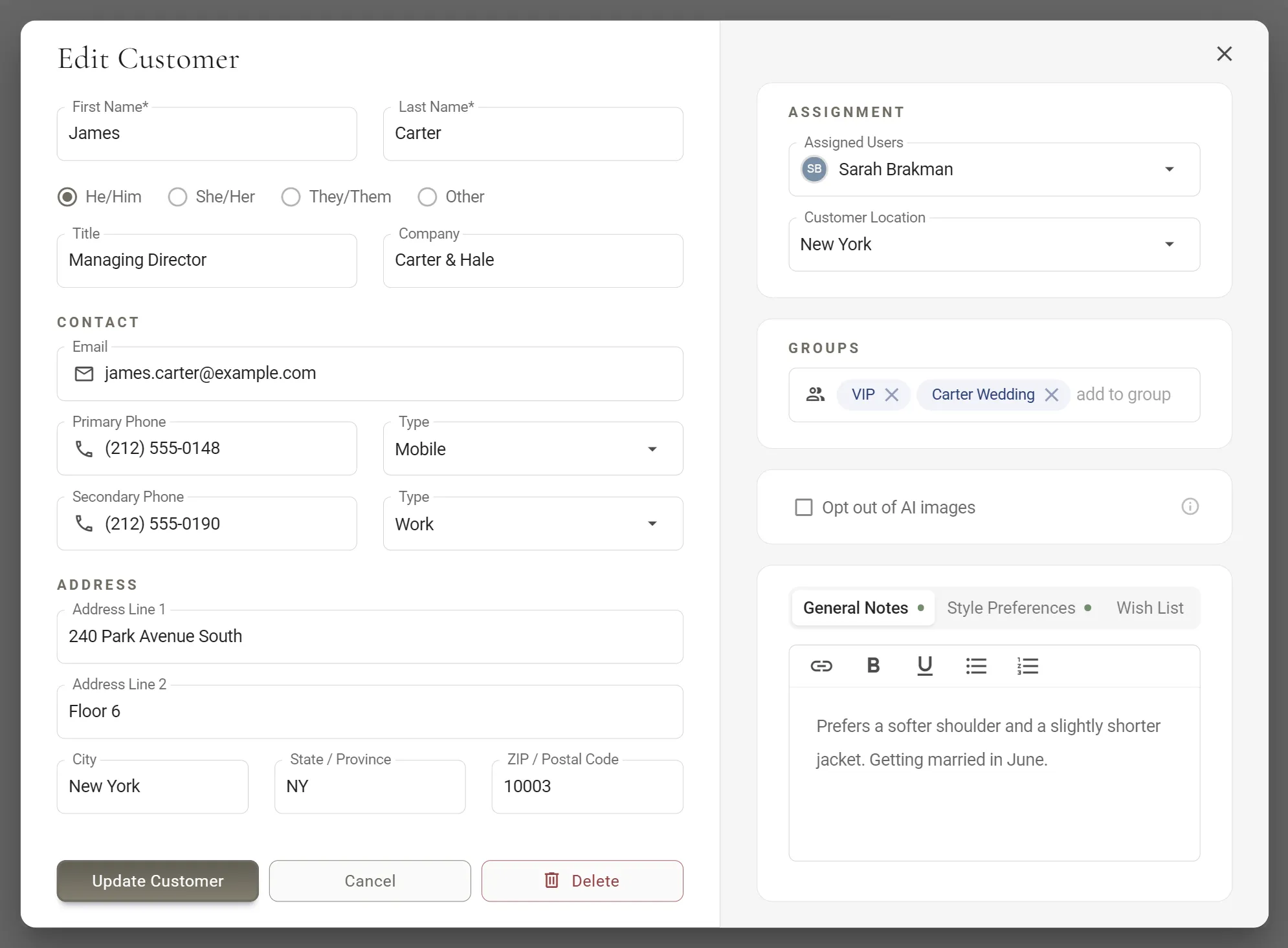 The Edit Customer dialog with James Carter's details filled in and a new address typed in. At the bottom are a filled Update Customer button, a Cancel button and a red Delete button with a bin icon.