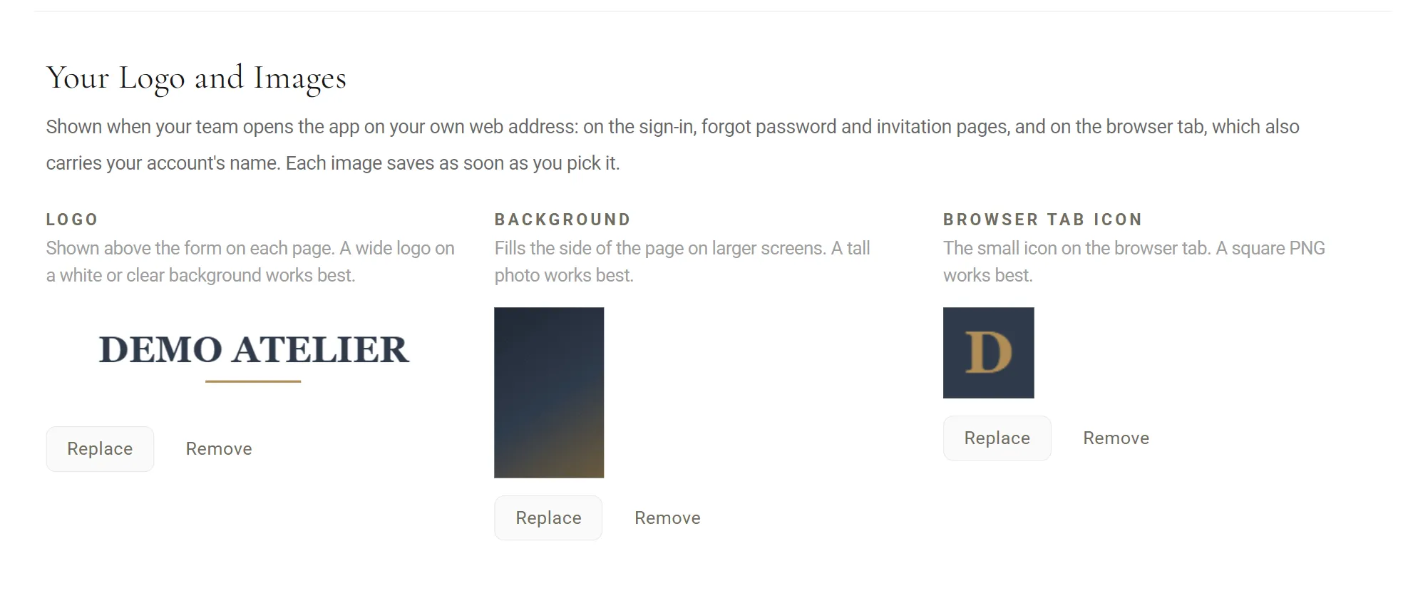 The Your Logo and Images section with three columns: Logo, Background and Browser tab icon. Each shows a preview of the Demo Atelier image with Replace and Remove buttons.