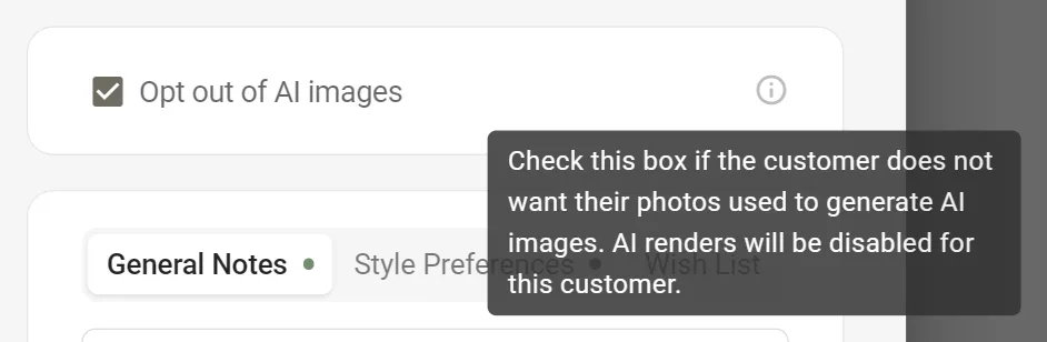 The Opt out of AI images checkbox, ticked, with its tooltip open: Check this box if the customer does not want their photos used to generate AI images. AI renders will be disabled for this customer.