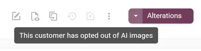 The icons along the top of a garment on an order. The AI render icon is greyed out, and its tooltip reads This customer has opted out of AI images.