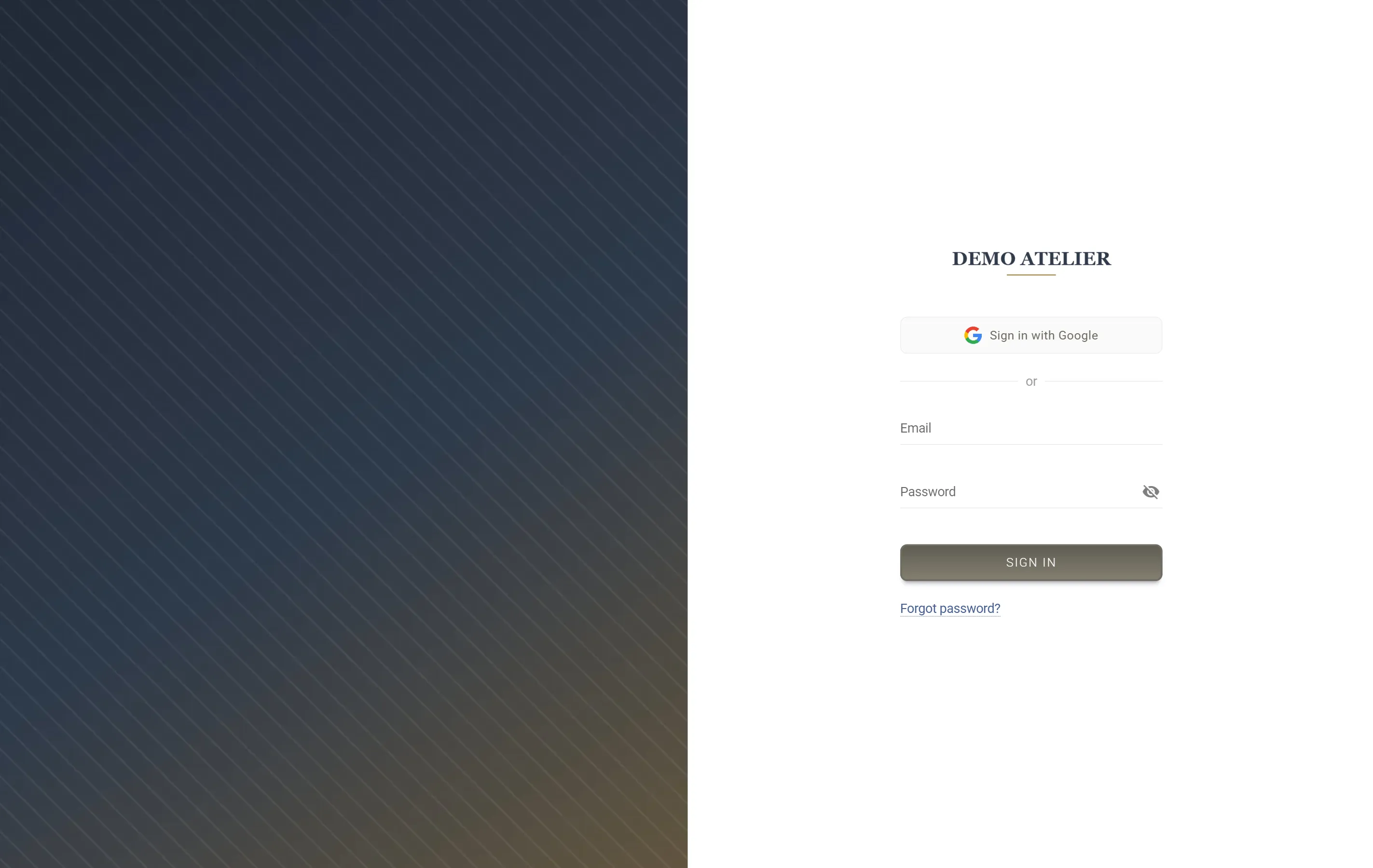 The sign-in page at app.demoatelier.com. The left half is a dark blue background image, the right half a white form with the Demo Atelier logo above Sign in with Google, Email, Password, a Sign In button and a Forgot password link.