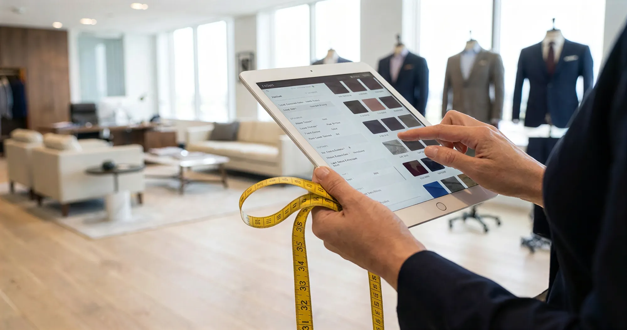 Clothier building an order on a tablet