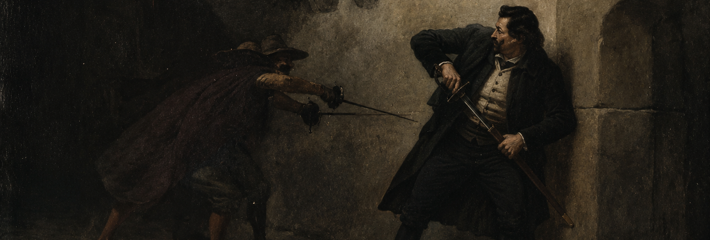 Reinterpretation of Oil painting titled "The Ambush" by Spanish artist Francisco Javier Ortego y Vereda, dated 1874.