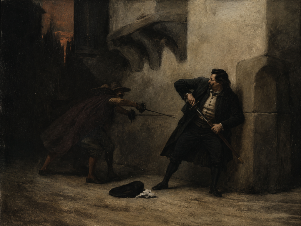 Reinterpretation of Oil painting "The Ambush" by Spanish artist Francisco Javier Ortego y Vereda, dated 1874.